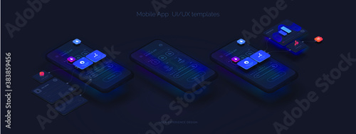 User experience. Smartphone mockup on black background with interactive user interface. The process of creating a mobile application. Website wireframe for mobile apps with active layers and links