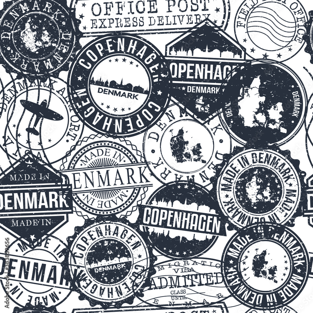 Copenhagen Denmark Stamps Background. City Stamp Vector Art. Postal Passport Travel. Design Set Pattern.