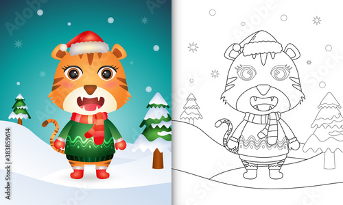 coloring book with a cute tiger christmas characters with a santa hat, jacket and scarf