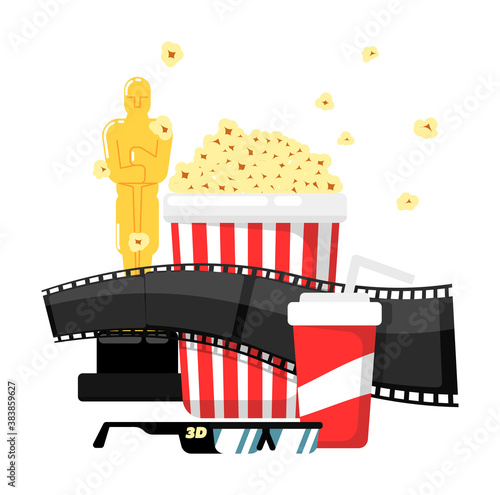 Movie background with cinema attribute as gold statue reward, film strip, pop corn bowl, soda takeaway cup, goggles vector illustration isolated on white
