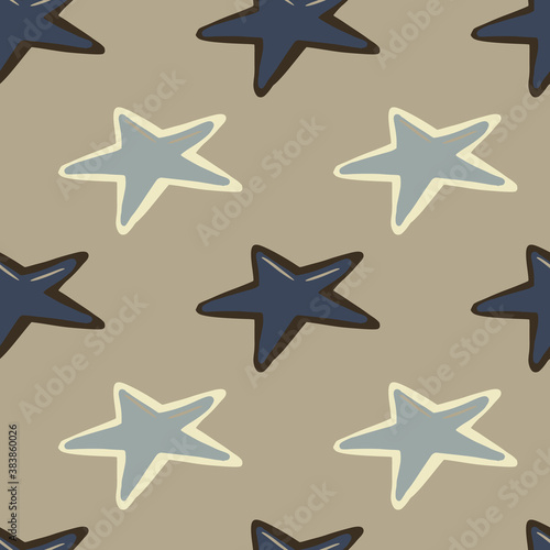 Seeamless simple pattern with pale star elements. Hand drawn geometric ornament in navy and blue tones on beige background.