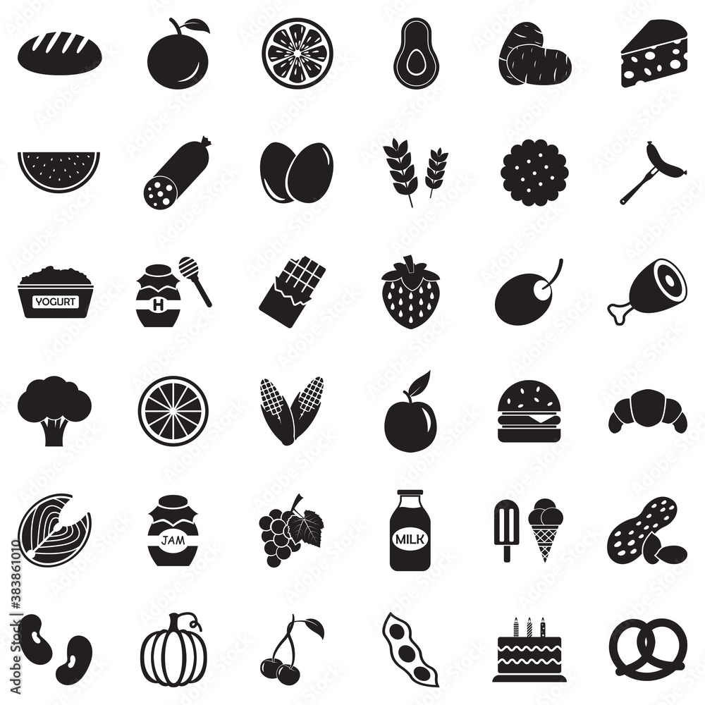 Food Icons. Black Flat Design. Vector Illustration.
