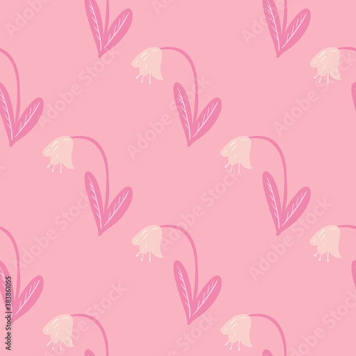 Campanula doodle seamless pattern with simple flower silhouettes. Pink palette tender artwork. Botanic ornament.