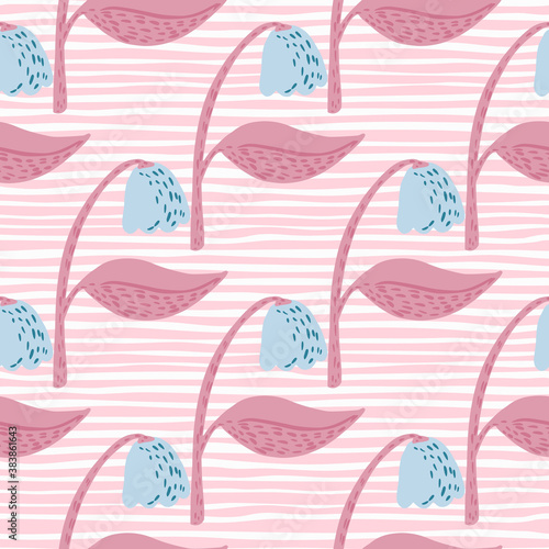Blue campanula flower silhouettes seamless doodle pattern. Stylized botanic ornament with pink stripped background.