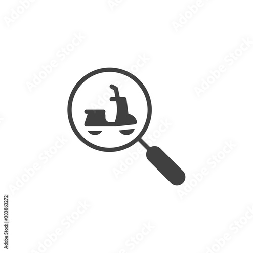 Scooter rental search vector icon. filled flat sign for mobile concept and web design. Magnifying glass with scooter glyph icon. Symbol, logo illustration. Vector graphics