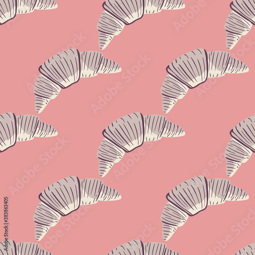 Gey croissants silhouettes doodle seamless pattern. Stylized tasty artwork with pink background. Food backdrop.