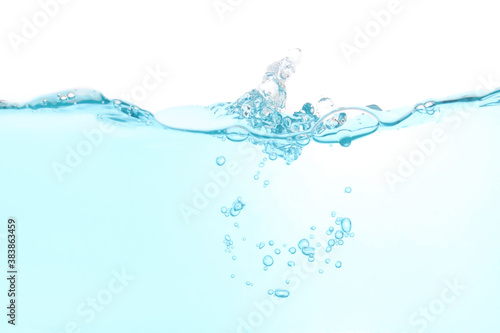 Water wave splash clean blue and bubbles isolated on white water background with copy space