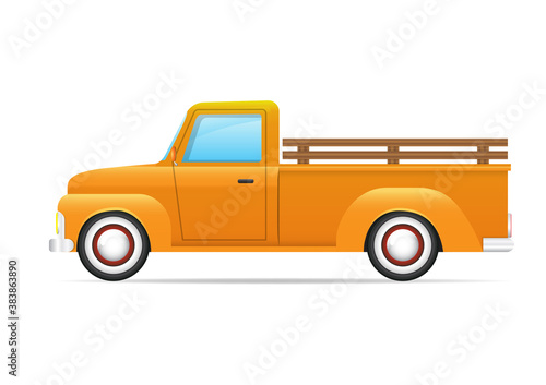 Yellow pickup truck side view.