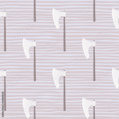 Stylized weapon seamless pattern with vikin ax silhouettes. Scandinavian armor print with striped background. Light grey palette. photo