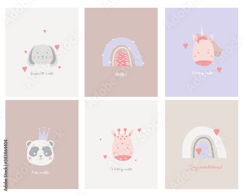 Cute simple animal portraits. Creative cards with cute animals and rainbows in Scandinavian style with funny phrases. Unicorn and panda with crown, hare and giraffe. Pastel vector for design, print