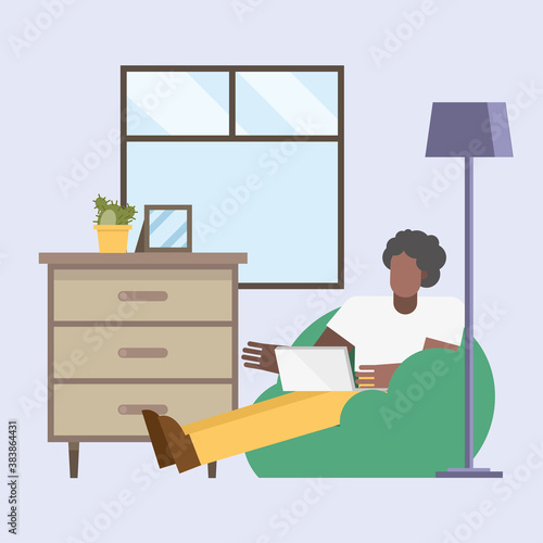 black man with laptop working on puf from home vector design