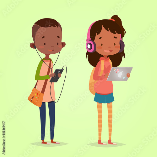 Cute vector illustration for children. Cartoon style. Isolated character. Modern technologies for kids. Girl with tablet and headphones. Boy with smart phone and headphones.