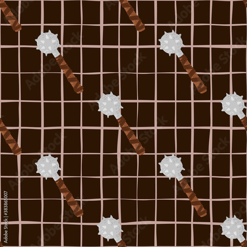 Antique scandinavian seamless ancient pattern with flail mace silhouettes. Historical haevy weapon ornament on brown background with check.
