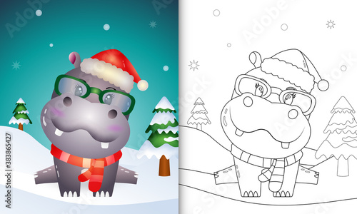 coloring book with a cute hippo christmas characters with using santa hat and scarf