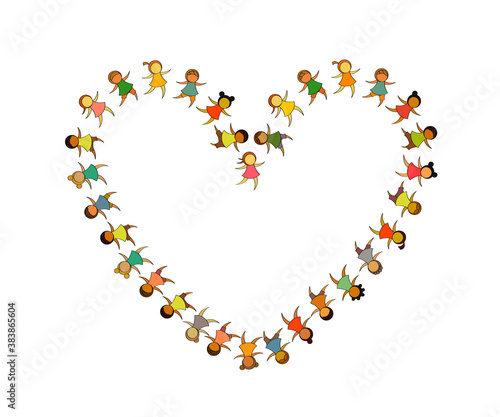 Children stand in the shape of a heart on a white background. Vector illustration.
