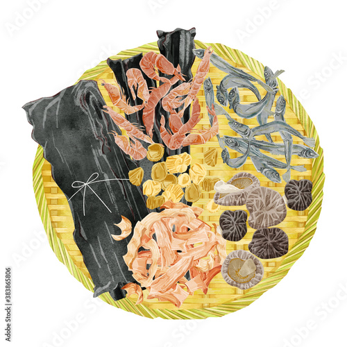 ザルに乗せた和風出汁の材料イラスト