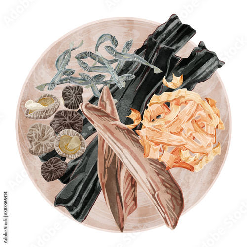 木皿に乗せた和風出汁の材料イラスト