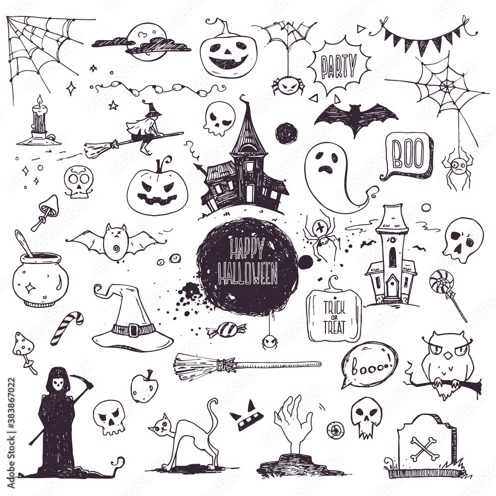 Halloween doodle style illustrations. Carved pumpkin, spider webs, witch on a broom, bat, zombie