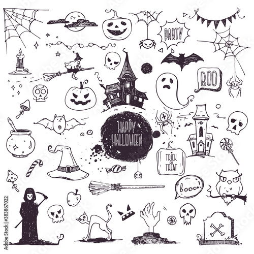 Halloween doodle style illustrations. Carved pumpkin  spider webs  witch on a broom  bat  zombie hands  skulls  grim reaper  magic potion pot. Vector clip art collection isolated on white background.