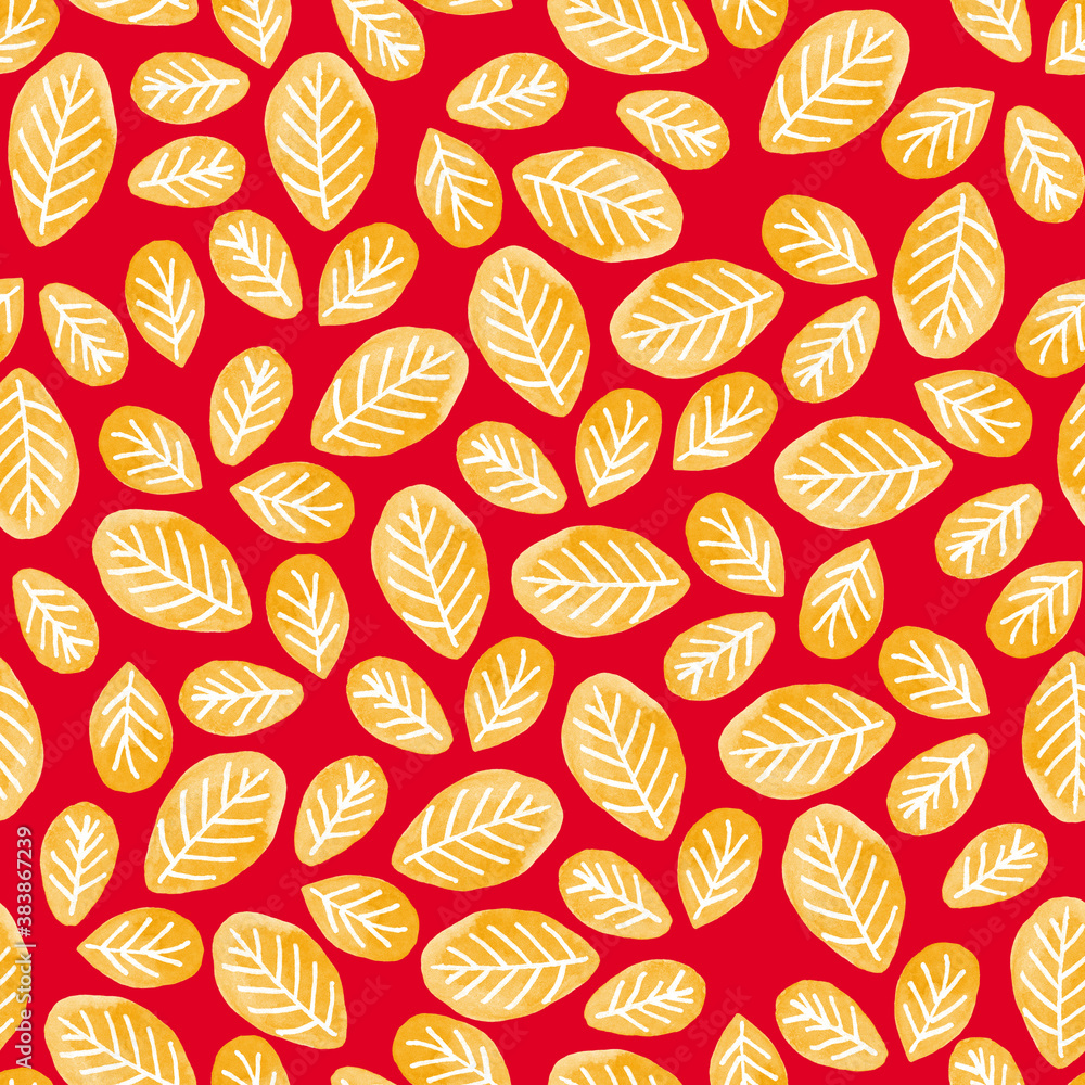Abstract floral seamless pattern with hand drawn yellow leaves on a red background. Cute artistic texture, autumn background for fabric print, wallpaper, wedding invitations, cards, gift wrap. Abstract floral seamless pattern with hand drawn yellow leaves on a red background. Cute artistic texture, autumn background for fabric print, wallpaper, wedding invitations, cards, gift wrap.