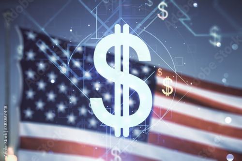 Virtual USD symbols illustration on USA flag and sunset sky background. Trading and currency concept. Multiexposure