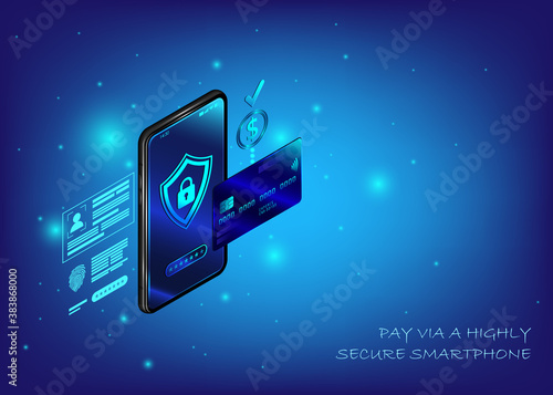 Internet mobile banking isometric concept. Online payment security transaction via credit card. protection shopping wireless pay through smartphone.