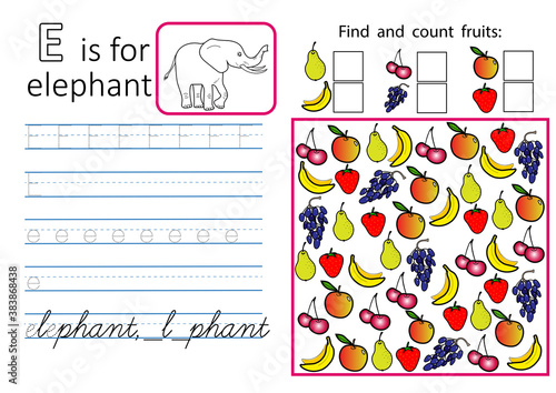 Alphabet tracing worksheet for preschool and kindergarten. Writing practice letter E and educational game for children. Printable page A4
