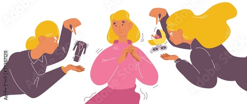 Woman unsure of her way in life and priority of lifestyle. Career or kids and family first choise. Blonde character in doubt