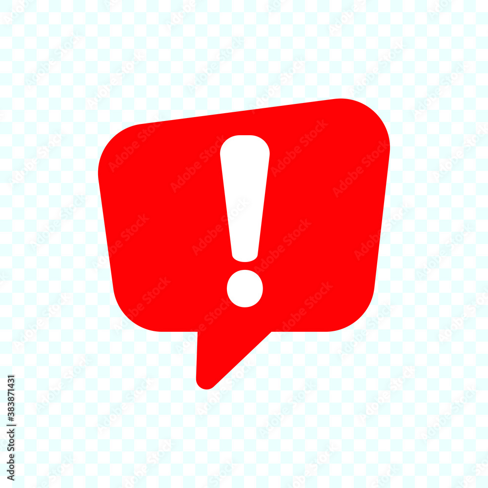 Speech bubble with exclamation mark. Red attention sign icon. Hazard warning symbol. Vector illustration in flat style. - obrazy, fototapety, plakaty 