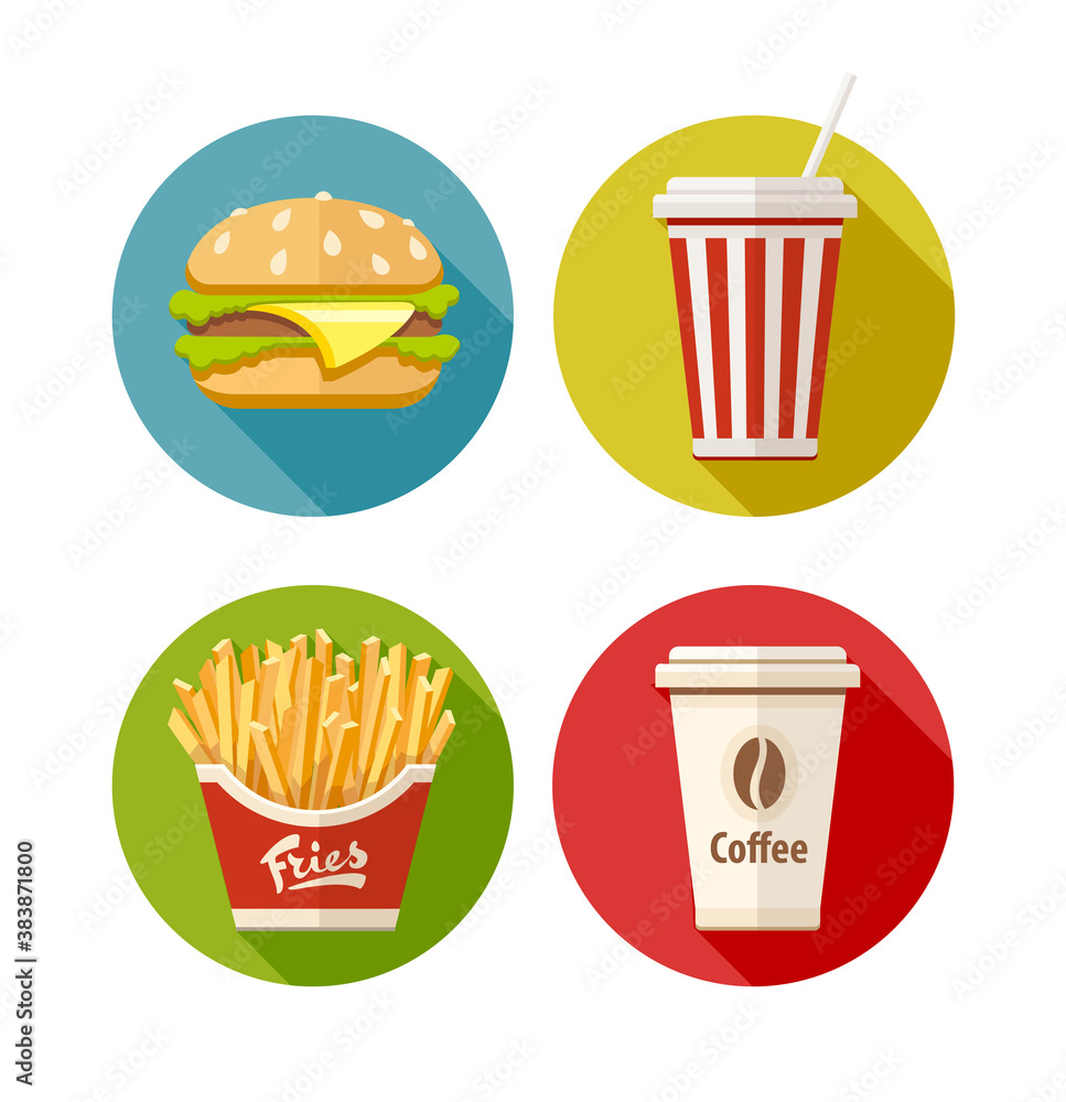 Set of flat icon with hamburger fries soda and coffee in paper cup. Isolated on white background. Illustration.