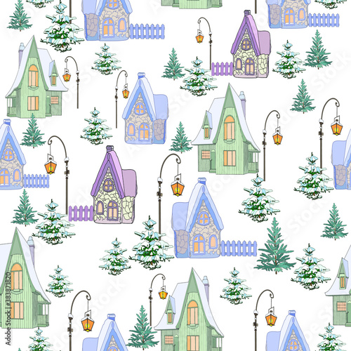 Winter Christmas village. Decorative vector illustration of nature  village  houses  trees. Drawings for poster  background or postcard.