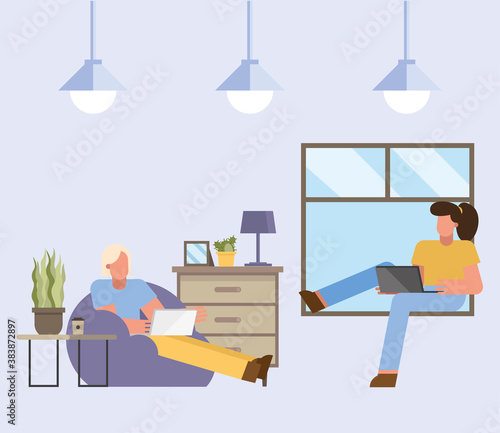 Man and woman with laptop working from home vector design © Gstudio