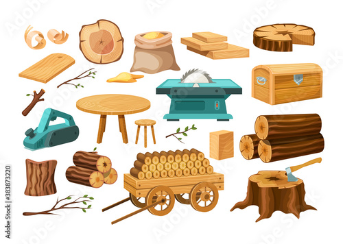 Wood industry material tools and products, tree trunks, bark, wood kitchen utensils, branches, planks, wooden furniture, chest, shavings. Logs, boards for the forest lumber industry set vector