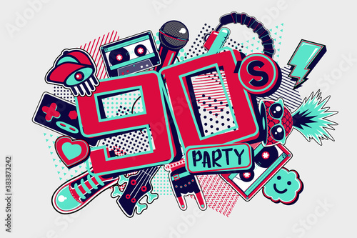 90s style party backgrounds. Vintage music posters. Funky disco design template. Horizontal vector illustration.