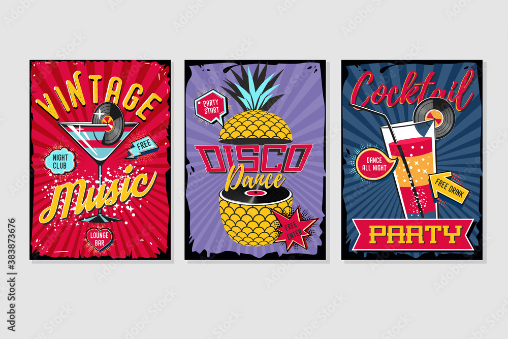 Retro party template. Music poster sets. Vintage backgrounds collection. Vector graphic design pack.