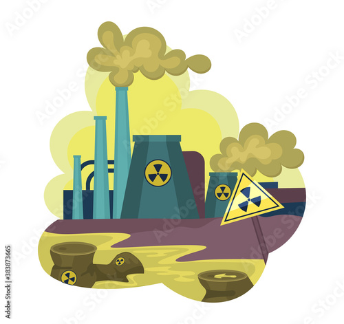 Environmental pollution by industrial dirty waste, nuclear pollution. Smoke through the pipes gets into air, toxic waste chemicals in water. Factory pollute nature, waste industrial production