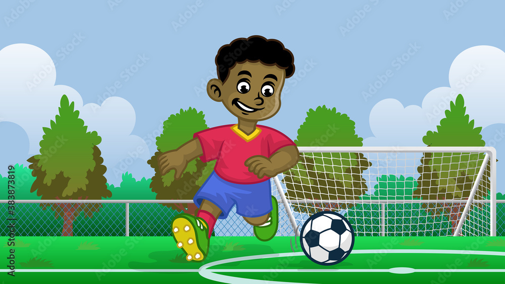 Fototapeta premium cartoon black boy soccer player in the field