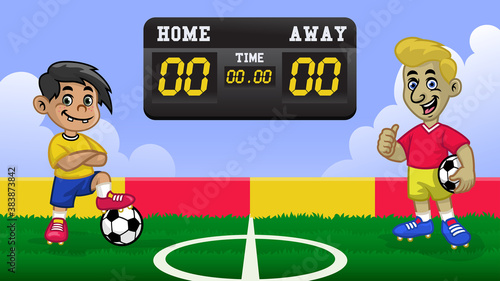 cartoon kids soccer player having match in the soccer field
