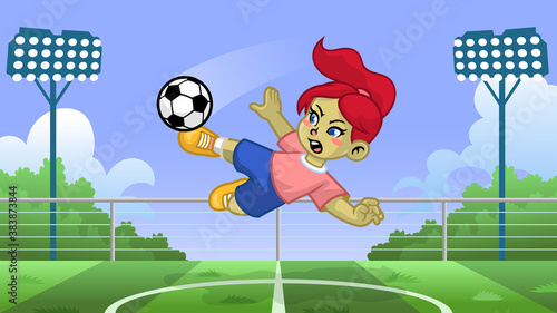 cartoon girl soccer player kicking the ball