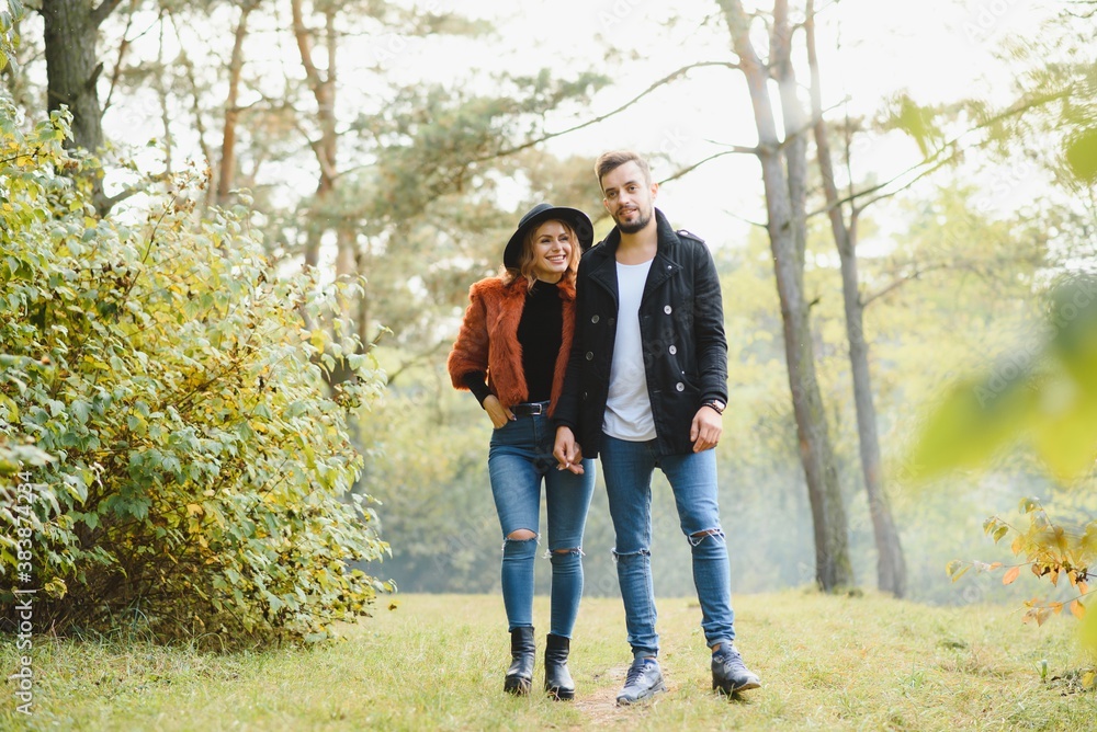 gentle and stylish couple are having a walk in the autumn park gentle and stylish couple are having a walk in the autumn park