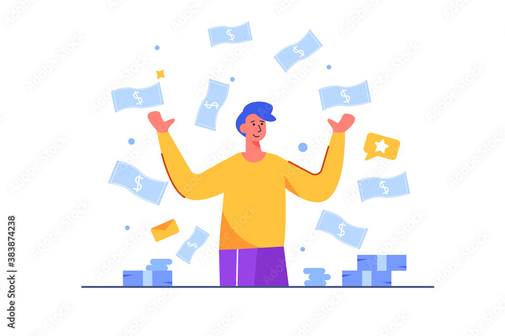 Money bills are falling on a businessman and he rejoices with happiness, money, success, isolated on white background, flat vector illustration.