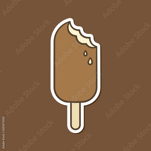 Chocolate and vanilla popsicle ice cream with bite, patch and sticker design. Simple flat cute vector icon illustration.
