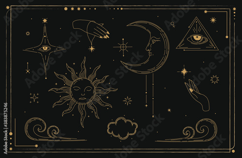 Occultism, magic, mythology, mysticism, set illustration
