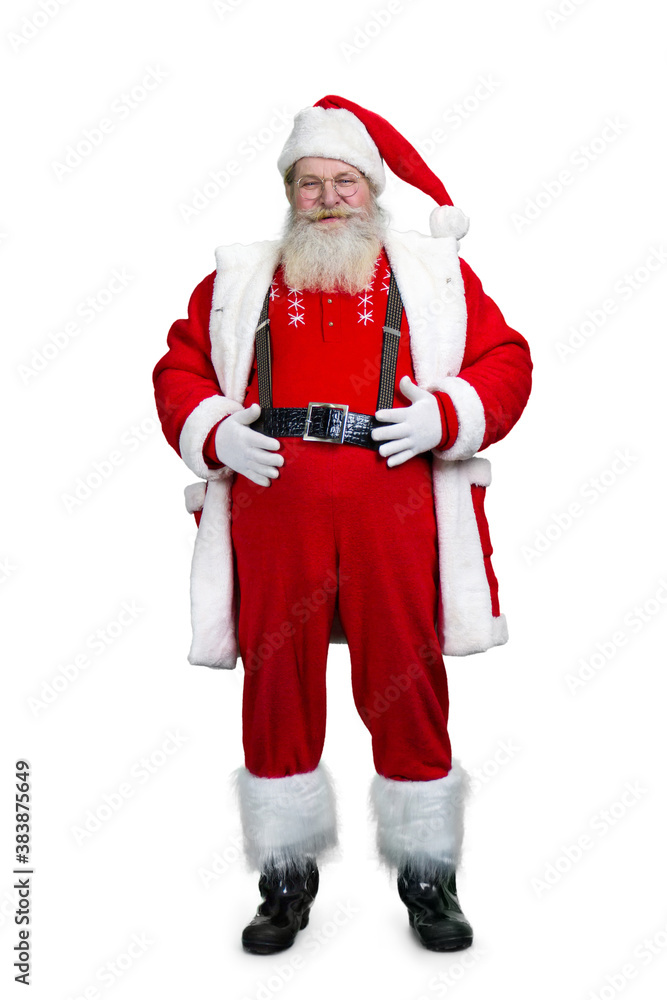 Realistic Santa Claud with hands on belly. Happy smiling Santa Claus holding hands on belt, isolated on white background. Santa Claus, studio shot. Realistic Santa Claud with hands on belly. Happy smiling Santa Claus holding hands on belt, isolated on white background. Santa Claus, studio shot.