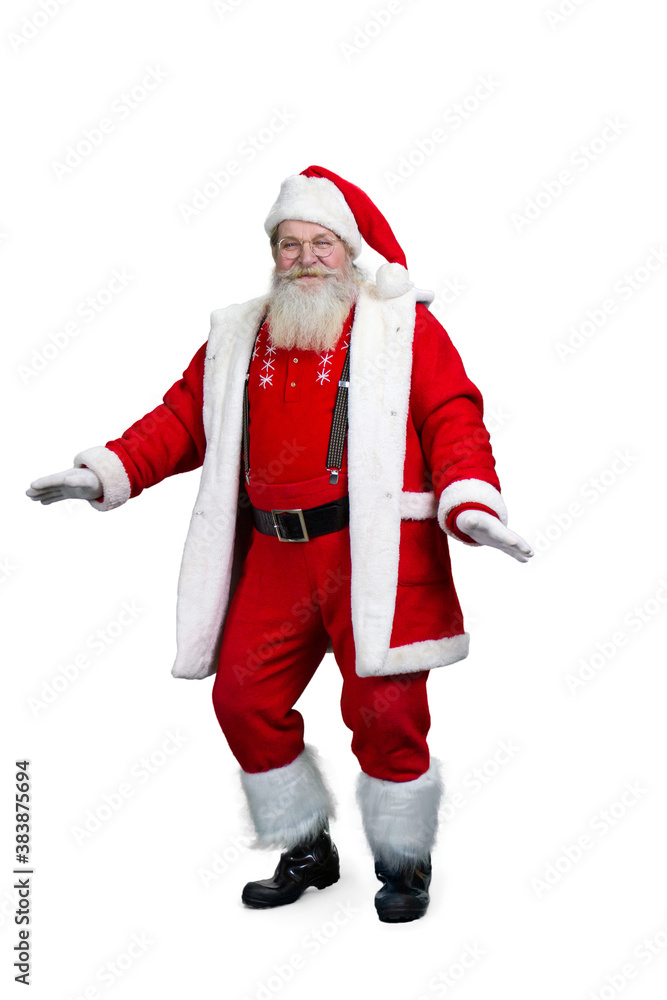 Santa Claus dancing, white background. Cheerful Santa Claus dancing isolated on white background. Senior Santa Claus having fun. Santa Claus dancing, white background. Cheerful Santa Claus dancing isolated on white background. Senior Santa Claus having fun.