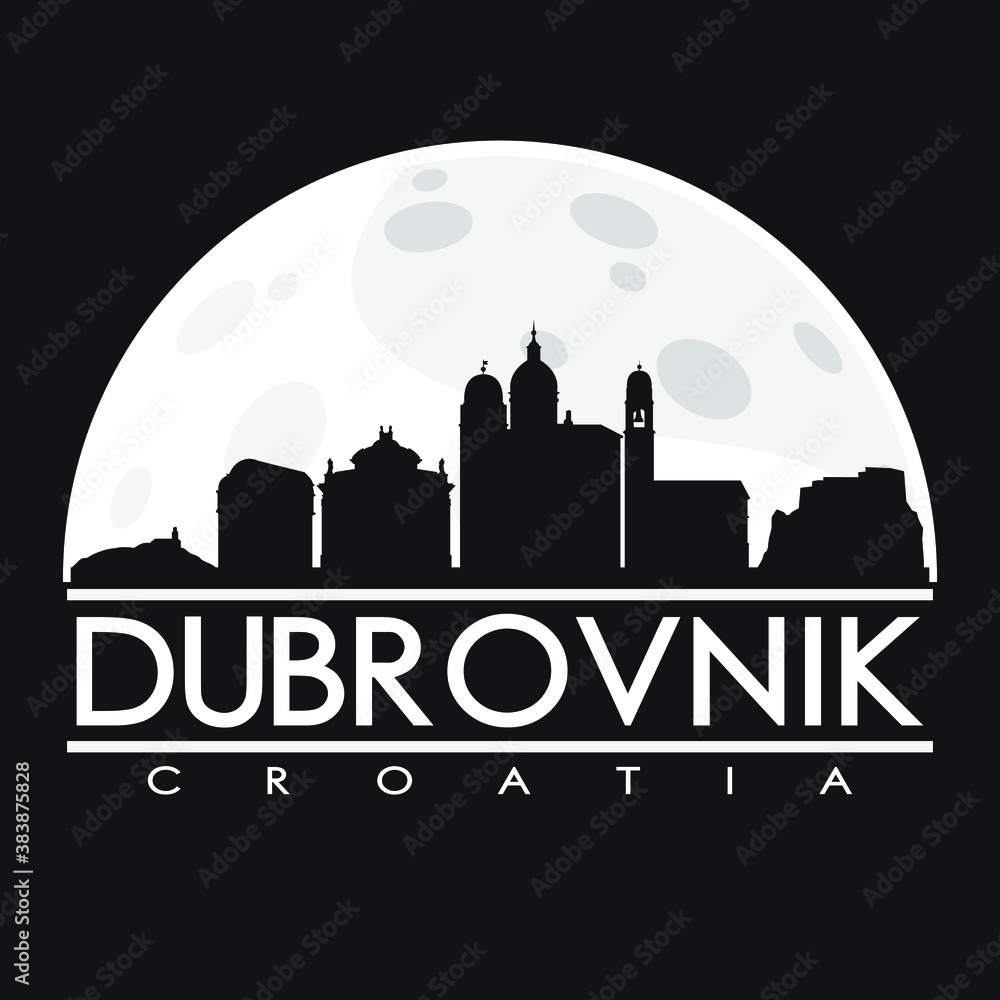 Dubrovnik Full Moon Night Skyline Silhouette Design City Vector Art.