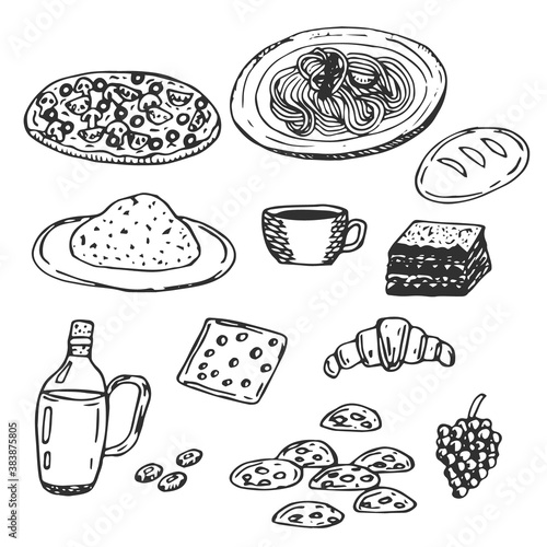 Set of Italian cuisine, vector illustration, pizza, pasta, risotto, coffee, tiramisu, bread, olive oil, olives, cheese, croissant, biscotti, grapes, hand drawing