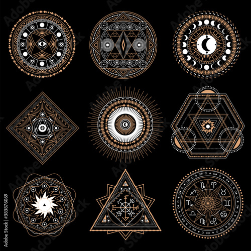 Mystic circle symbol, spiritual tattoo or esoteric geometry drawing. Magical graphic element, witchcraft mystery emblem or astrology horoscope ornament vector illustration isolated on dark background