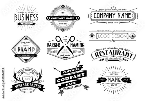 Retro vintage insignia logotype or label set. Barbershop, restaurant, business or motto company name and brand graphic black-and-white logo design vector illustration isolated on white background