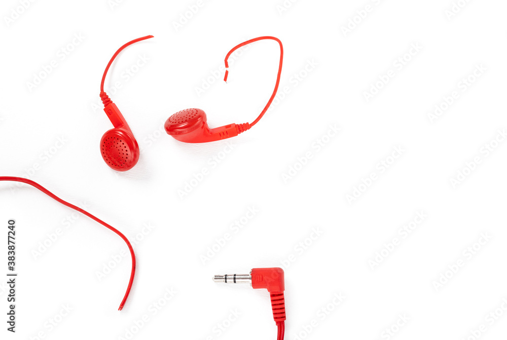 Headphones on a white background. Torn headphones. Repair of electronic devices. Broken wire. Headphones on a white background. Torn headphones. Repair of electronic devices. Broken wire.